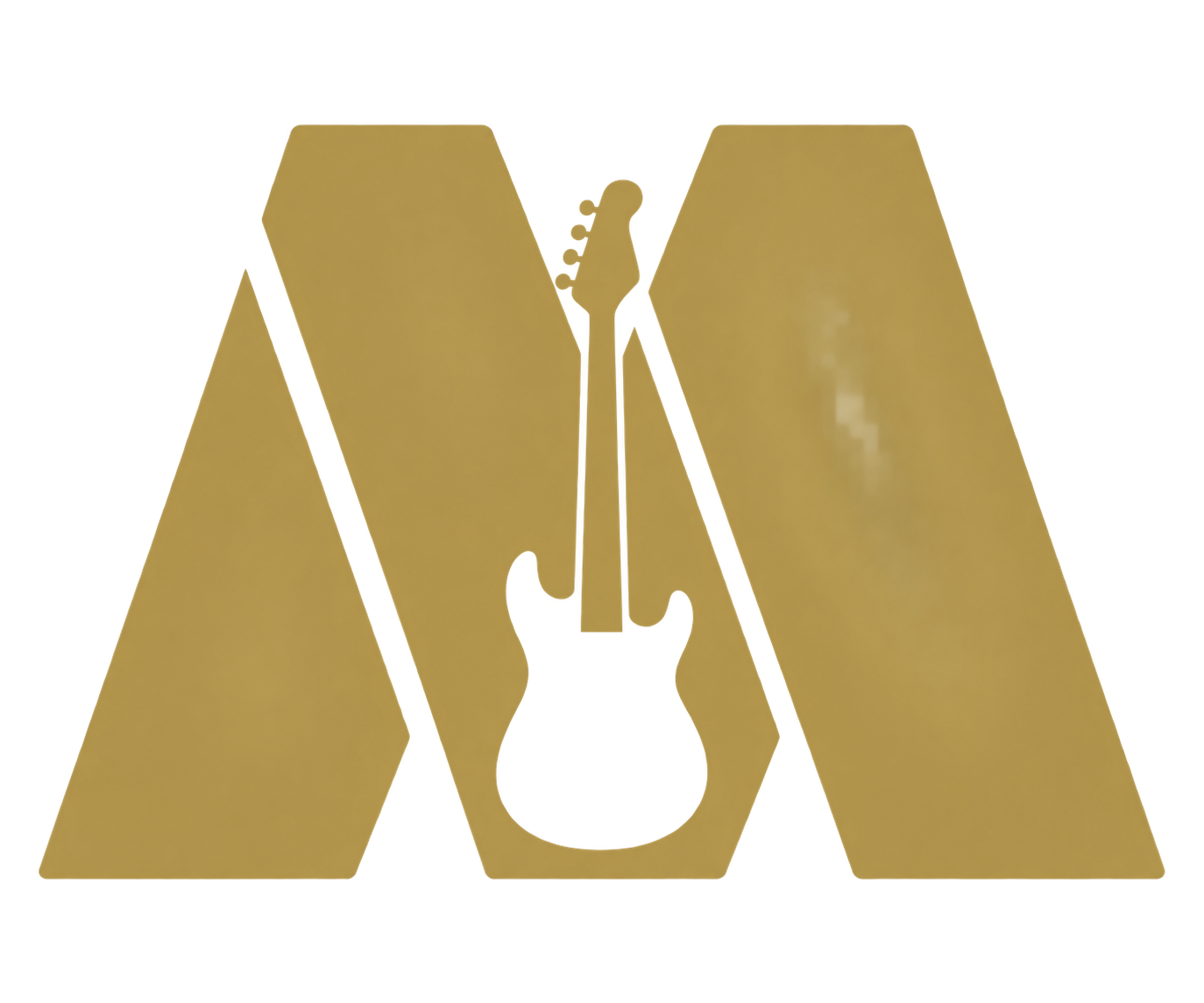Gold M emblem with a left-handed guitar